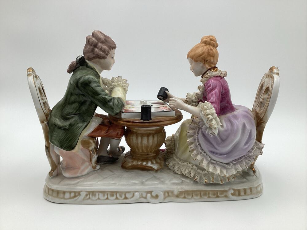 Arnart Janathon Byron Porcelain Courting Couple Playing Backgammon Figurine JPN